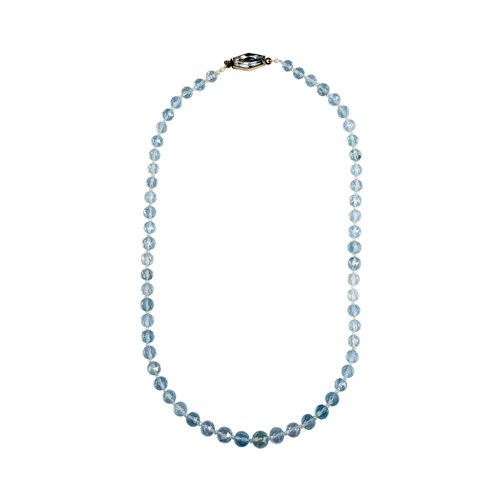 Art Deco graduated aquamarine bead necklace, the facetted round beads alternating seed pearls
